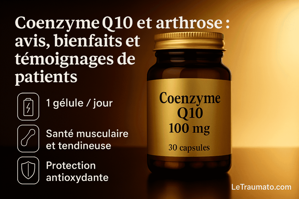 Coenzyme Q10 arthrose témoignages – flacon de complément illustrant les bienfaits en Traumatologie