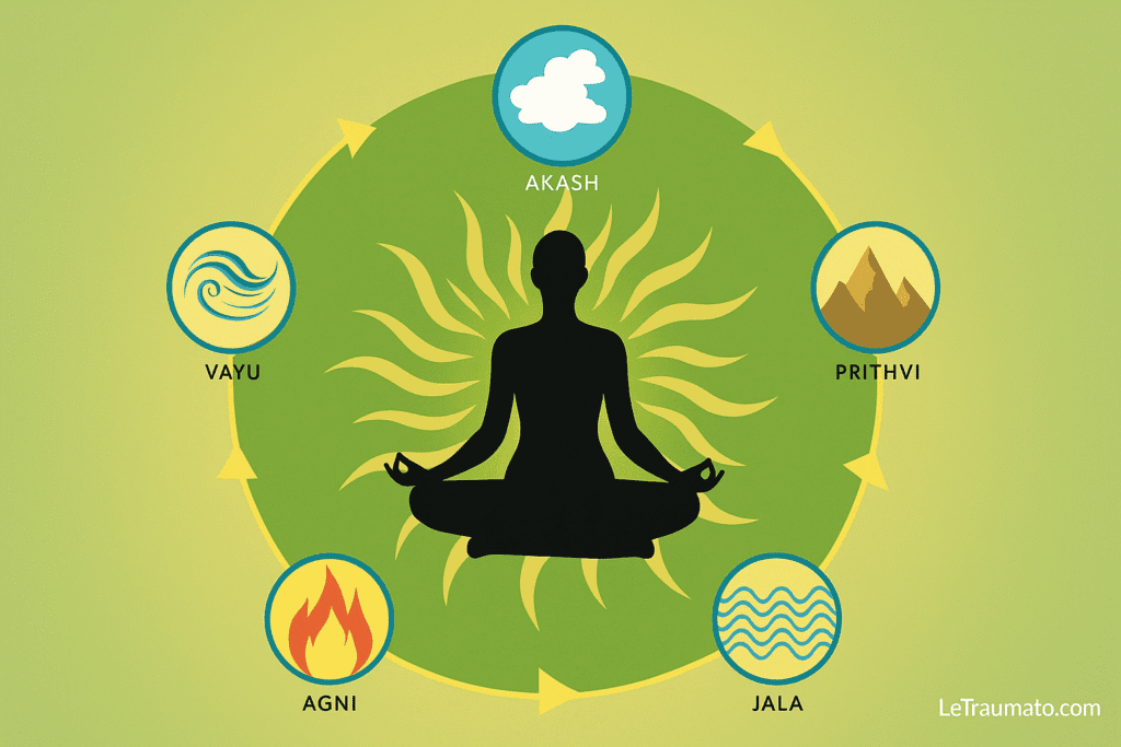 Arthrose et Ayurveda : illustration des cinq éléments (Akash, Vayu, Agni, Jala, Prithvi) autour d’une silhouette en méditation – LeTraumato orthopédiste