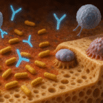 Infection après arthrodèse lombaire – immunoglobulines, lymphocytes et cellules osseuses (ostéoblastes et ostéoclastes) en interaction – illustration orthopédiste Traumatologie