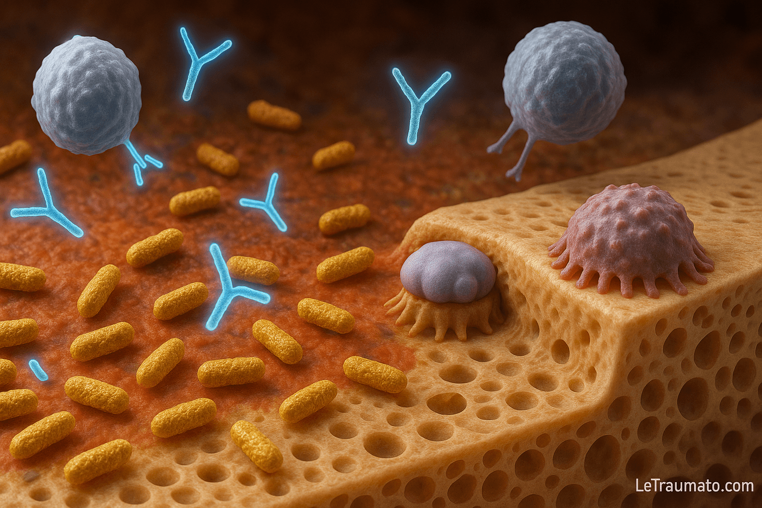 Infection après arthrodèse lombaire – immunoglobulines, lymphocytes et cellules osseuses (ostéoblastes et ostéoclastes) en interaction – illustration orthopédiste Traumatologie