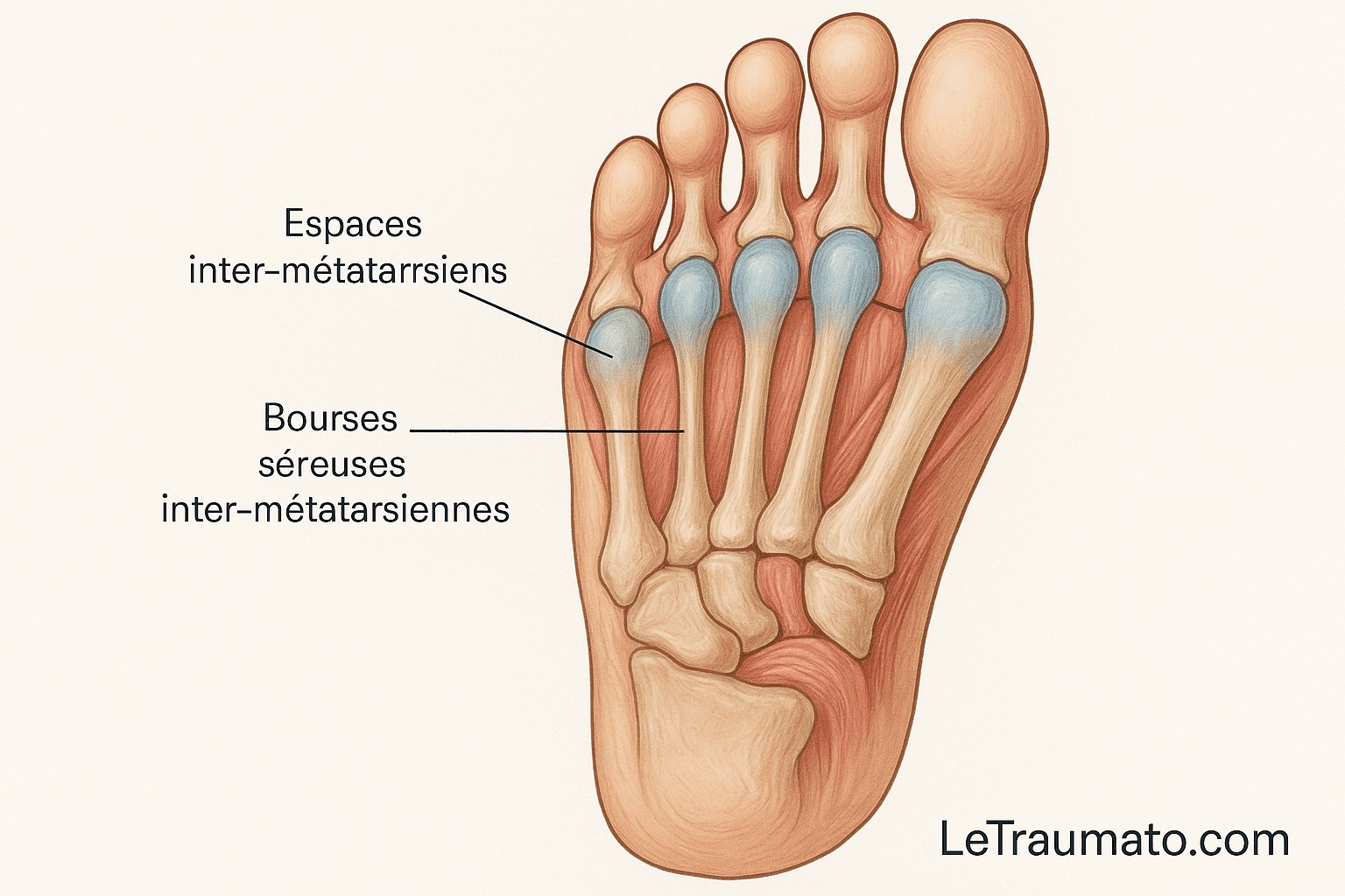 Anatomie des bourses inter-métatarsiennes du pied – illustration médicale par un orthopédiste, LeTraumato.com.
