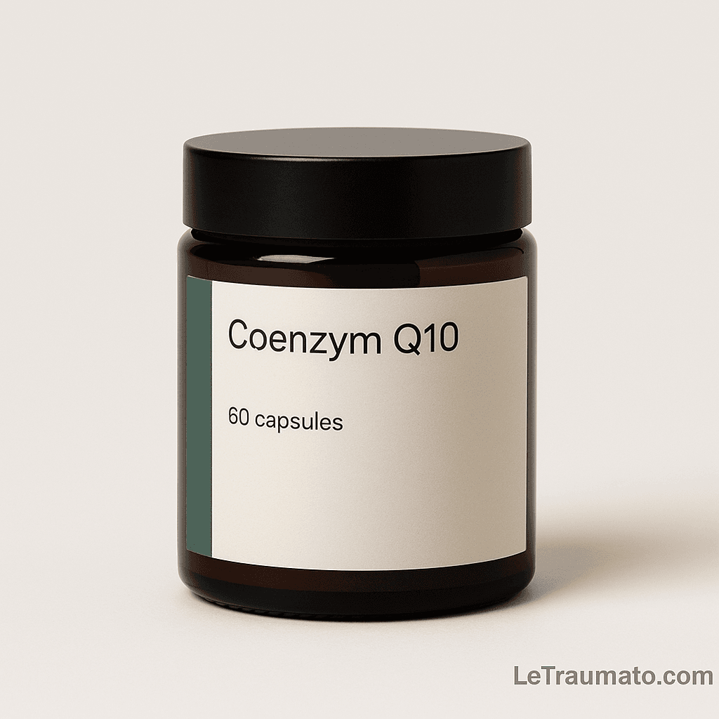 Flacon en verre brun de Coenzyme Q10, 60 capsules, présenté sur fond clair pour illustrer ses bienfaits dans la tendinite – LeTraumato orthopédiste.