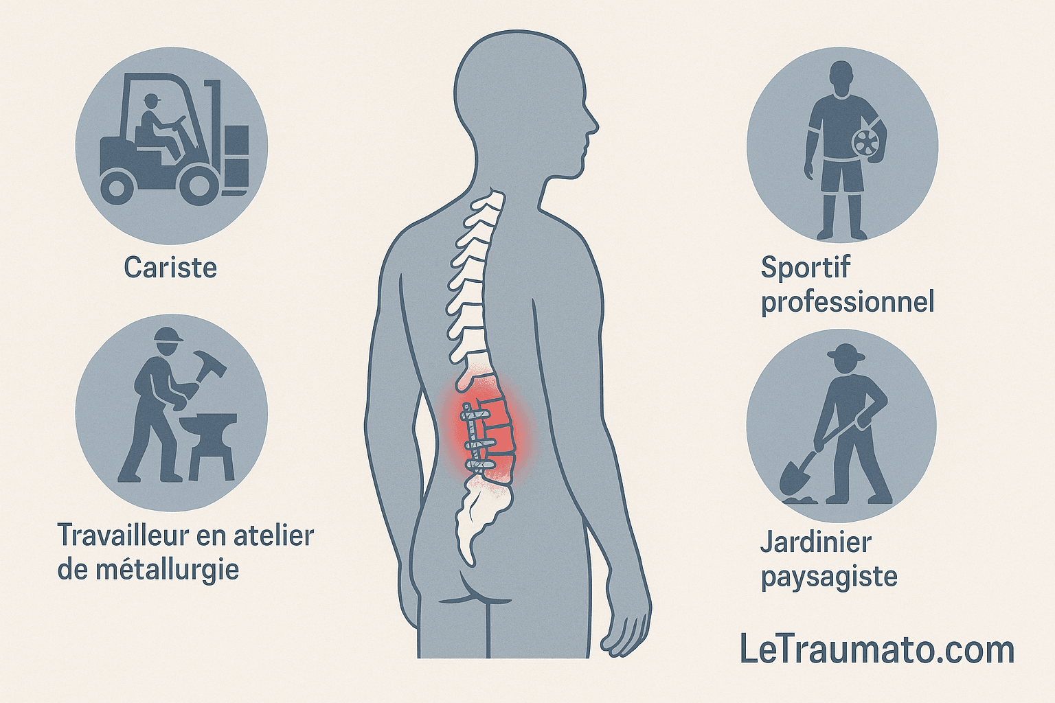 Métiers contre-indiqués après arthrodèse lombaire – icônes métiers physiques par LeTraumato (orthopédiste, traumatologie)