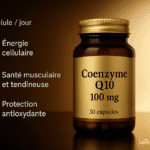Flacon de complément alimentaire Coenzyme Q10 100 mg illustrant ses bienfaits pour la tendinite, énergie cellulaire et protection antioxydante – LeTraumato orthopédiste.