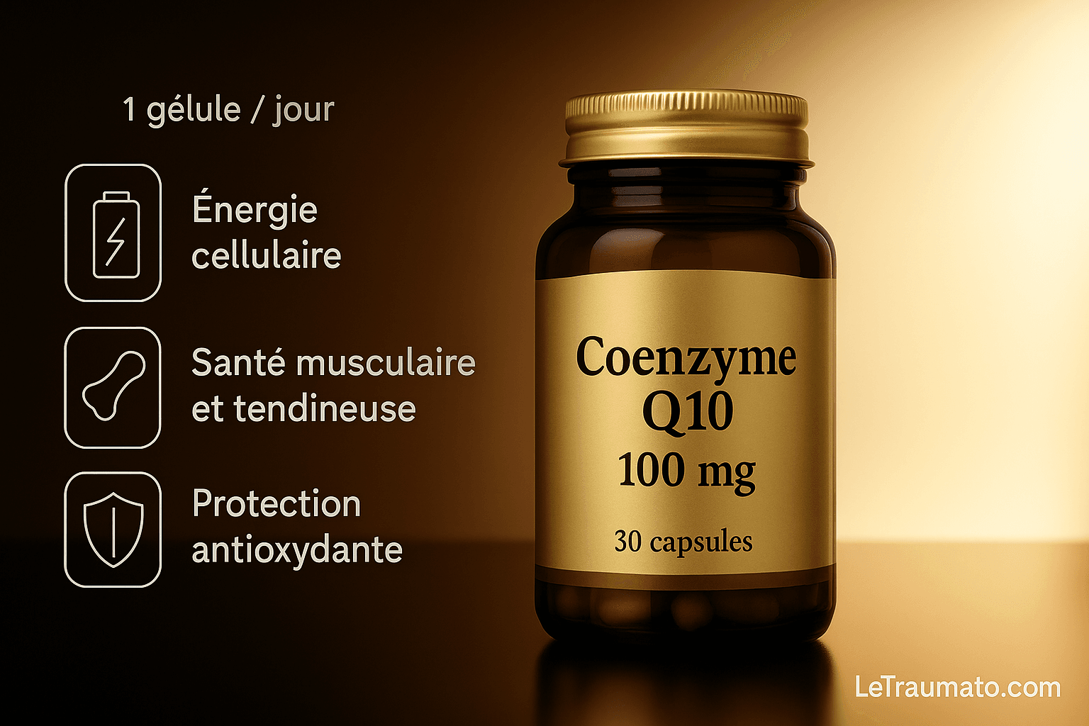 Flacon de complément alimentaire Coenzyme Q10 100 mg illustrant ses bienfaits pour la tendinite, énergie cellulaire et protection antioxydante – LeTraumato orthopédiste.