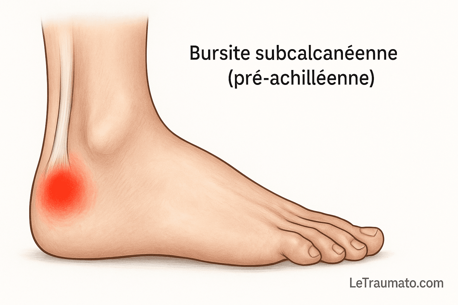Image d’un pied montrant la bursite subcalcanéenne (pré-achilléenne) avec douleur localisée – LeTraumato Traumatologie