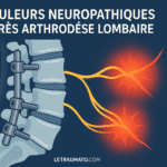 Illustration médicale de la colonne lombaire opérée par arthrodèse, avec vis et tiges métalliques. Les nerfs irrités apparaissent en rouge-orange, symbolisant les douleurs neuropathiques fréquentes après ce type de chirurgie du rachis. Schéma clair, style infographique moderne, sans personnage humain, optimisé pour un contenu orthopédique.