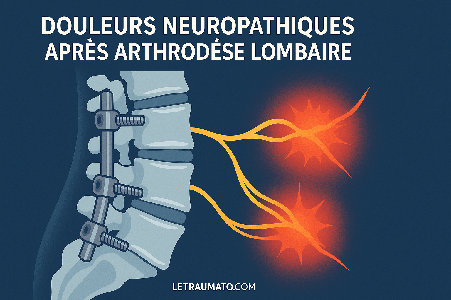 Illustration médicale de la colonne lombaire opérée par arthrodèse, avec vis et tiges métalliques. Les nerfs irrités apparaissent en rouge-orange, symbolisant les douleurs neuropathiques fréquentes après ce type de chirurgie du rachis. Schéma clair, style infographique moderne, sans personnage humain, optimisé pour un contenu orthopédique.