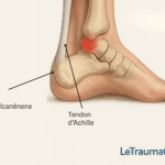 Illustration anatomique réaliste d’une bursite du tendon d’Achille avec inflammation visible – Traumatologie LeTraumato