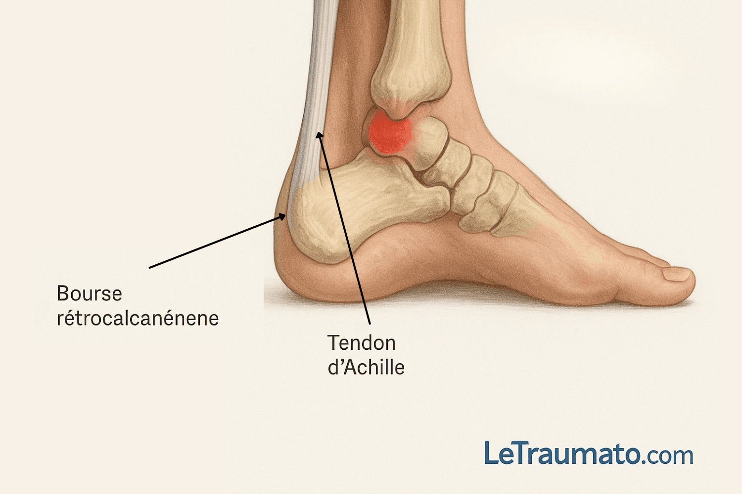 Illustration anatomique réaliste d’une bursite du tendon d’Achille avec inflammation visible – Traumatologie LeTraumato