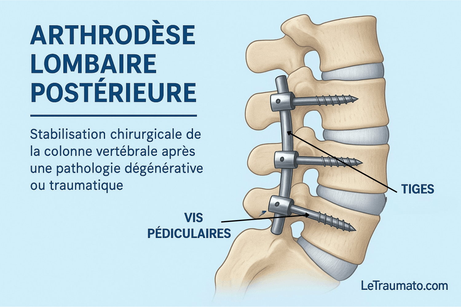 Infographie médicale en français illustrant une arthrodèse lombaire postérieure. Vue latérale de la colonne lombaire avec vis pédiculaires et tiges métalliques, accompagnée de légendes explicatives. L’image met en évidence la stabilisation chirurgicale du rachis après une pathologie dégénérative ou traumatique. Créée à des fins pédagogiques pour LeTraumato.com.