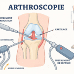 Infographie médicale illustrant une arthroscopie du genou. L’image montre les principaux instruments utilisés pendant l’intervention : arthroscope avec caméra et source lumineuse, instrument d’irrigation et instrument de section. Les structures anatomiques internes visibles incluent le fémur, le tibia, la rotule, le cartilage, les ménisques et les ligaments croisés, avec une vue d’ensemble de la jambe pour situer la zone opérée.