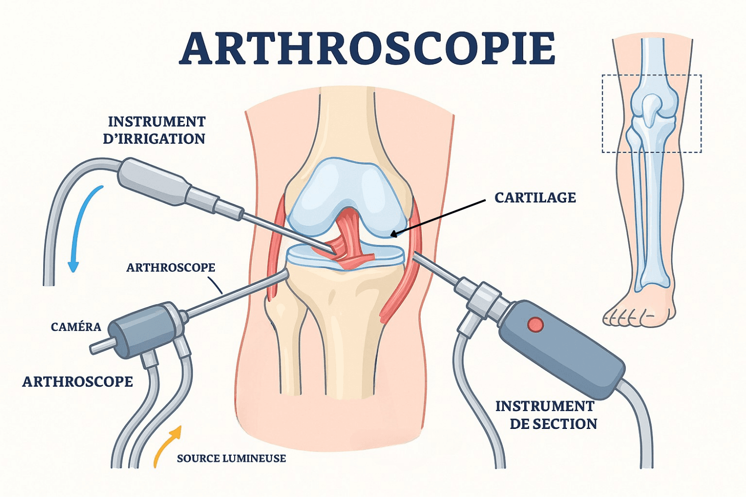 Infographie médicale illustrant une arthroscopie du genou. L’image montre les principaux instruments utilisés pendant l’intervention : arthroscope avec caméra et source lumineuse, instrument d’irrigation et instrument de section. Les structures anatomiques internes visibles incluent le fémur, le tibia, la rotule, le cartilage, les ménisques et les ligaments croisés, avec une vue d’ensemble de la jambe pour situer la zone opérée.