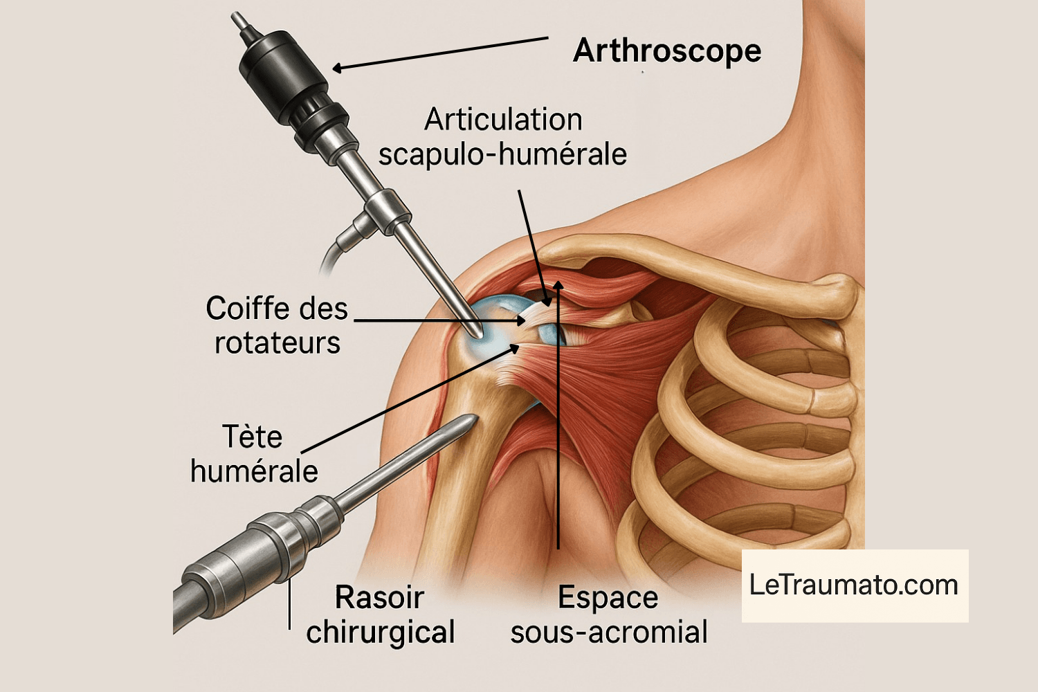 Illustration anatomique détaillée d’une arthroscopie de l’épaule, montrant un arthroscope inséré dans l’articulation scapulo-humérale et un rasoir chirurgical (shaver) nettoyant les tissus de la coiffe des rotateurs. Image pédagogique pour LeTraumato.com.