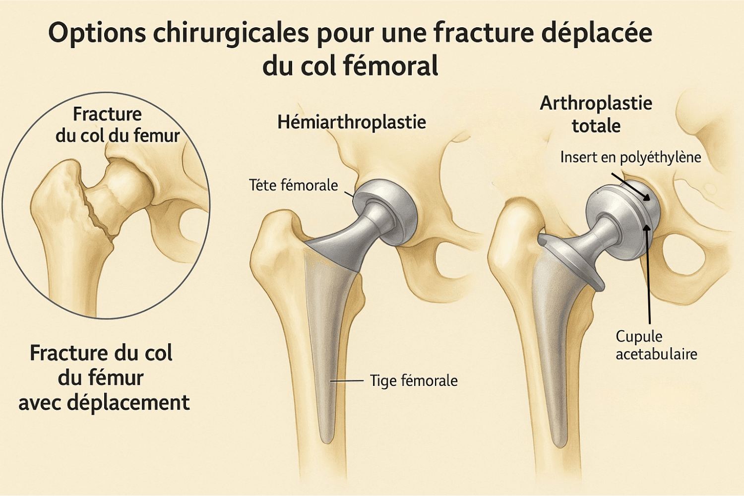 Illustration médicale montrant les différentes options chirurgicales pour une fracture déplacée du col fémoral. L’image compare la fracture initiale du col du fémur, l’hémiprothèse de hanche avec remplacement de la tête fémorale et la prothèse totale de hanche incluant une cupule acétabulaire et un insert en polyéthylène. Image éducative signée LeTraumato.com.