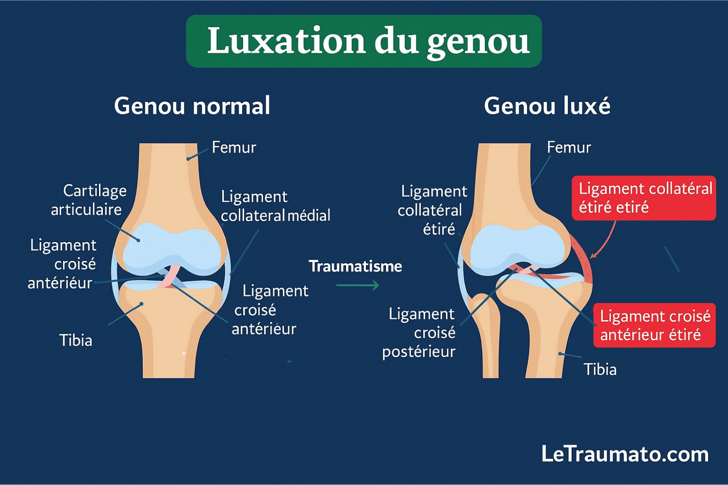Illustration médicale en français comparant un genou normal et un genou luxé. Le schéma montre les structures anatomiques principales (fémur, tibia, cartilage, ligaments croisés et collatéraux, ménisque) et indique en rouge les ligaments étirés après un traumatisme. Infographie claire et éducative signée LeTraumato.com.