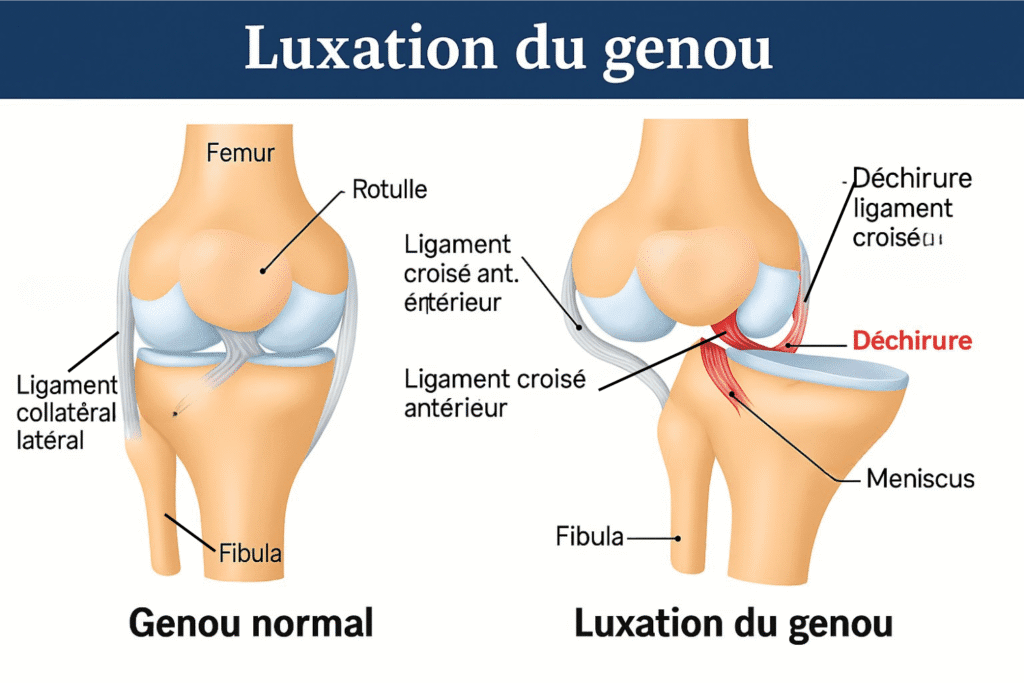 Illustration médicale du genou montrant la différence entre un genou normal et un genou luxé. L’image met en évidence les structures principales : fémur, tibia, fibula, rotule, ménisque et ligaments croisés. À droite, la luxation montre une rupture du ligament croisé antérieur et du ligament collatéral médial. Schéma clair et éducatif.