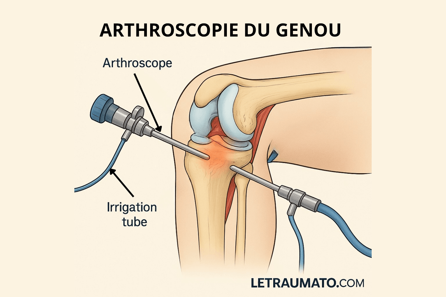Illustration médicale explicative de l’arthroscopie du genou montrant un genou fléchi avec insertion d’un arthroscope et d’un tube d’irrigation, permettant la visualisation et le traitement mini-invasif des lésions articulaires. Schéma éducatif signé LeTraumato.com.