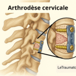 Illustration anatomique latérale de la colonne cervicale représentant une arthrodèse avec cage intersomatique et plaque métallique fixée par des vis. L’image montre en détail les vertèbres cervicales, la structure osseuse spongieuse, la cage bleutée et les vis dorées. Style médical réaliste, fond neutre, sans texte, signée LeTraumato.com.