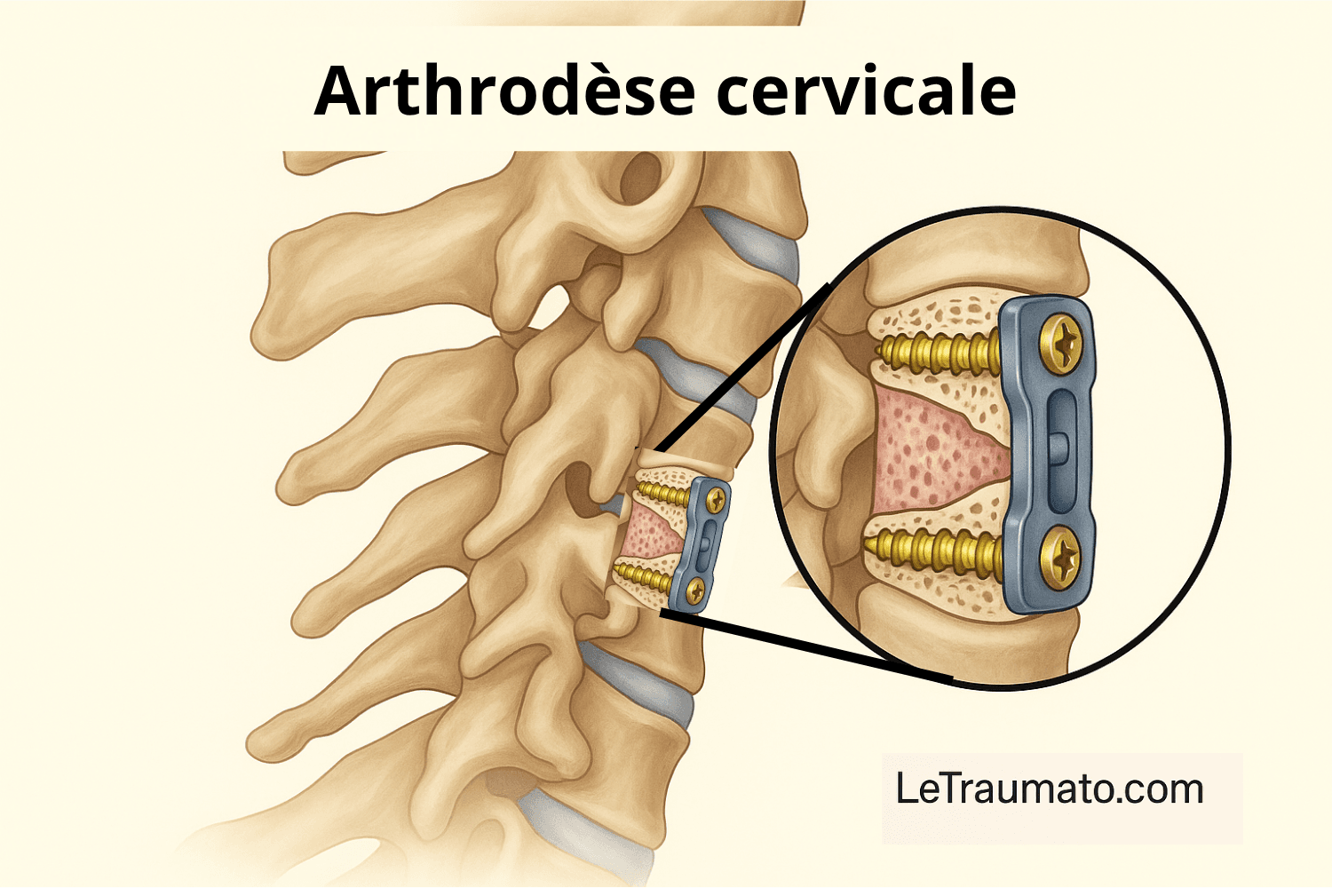 Illustration anatomique latérale de la colonne cervicale représentant une arthrodèse avec cage intersomatique et plaque métallique fixée par des vis. L’image montre en détail les vertèbres cervicales, la structure osseuse spongieuse, la cage bleutée et les vis dorées. Style médical réaliste, fond neutre, sans texte, signée LeTraumato.com.