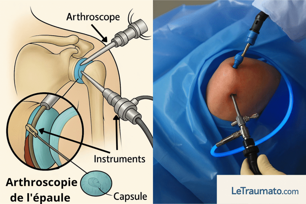 Illustration médicale et photo chirurgicale montrant une arthroscopie de l’épaule. À gauche, un schéma détaille l’introduction de l’arthroscope et des instruments dans l’articulation gléno-humérale ; à droite, une photo montre un chirurgien réalisant l’intervention avec fibre optique bleue et matériel stérile. Image éducative signée LeTraumato.com.