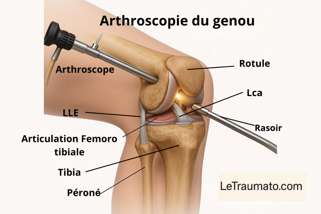 Illustration médicale réaliste montrant une arthroscopie du genou. Vue latérale de l’articulation fémoro-tibiale avec un arthroscope et un rasoir chirurgical introduits à travers de petites incisions cutanées. Les structures anatomiques visibles incluent la rotule, le ligament croisé antérieur (LCA), le ligament latéral externe (LLE), le tibia et le péroné. Image pédagogique LeTraumato.com.