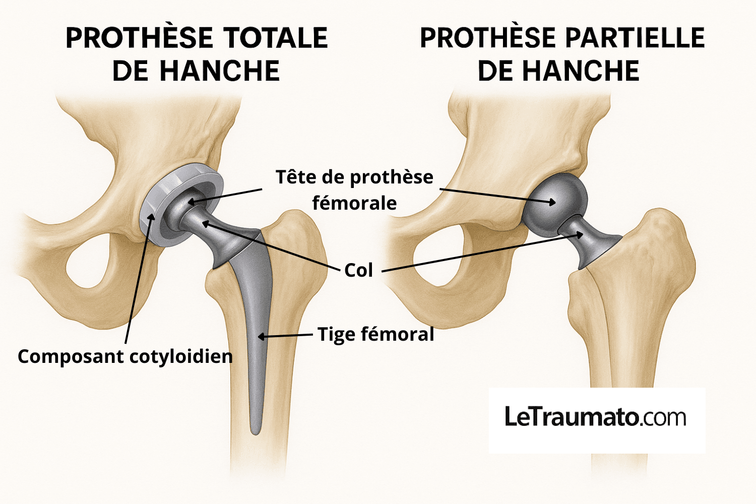 Illustration médicale comparant la prothèse totale de hanche et la prothèse partielle de hanche. À gauche, la prothèse totale remplace la tête fémorale et l’acétabulum par des implants artificiels. À droite, la prothèse partielle conserve la cavité naturelle et ne remplace que la tête fémorale. Image éducative et anatomiquement précise, signée LeTraumato.com.