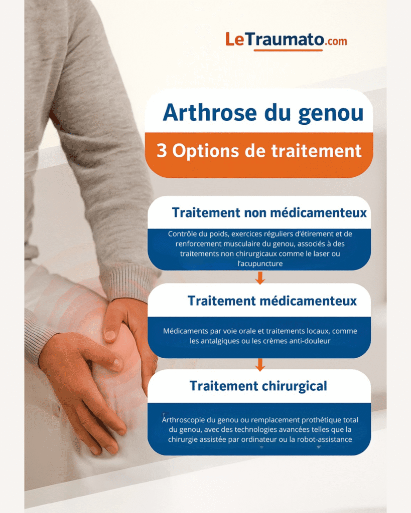 Infographie médicale expliquant les trois options de traitement de l’arthrose du genou : traitements non médicamenteux (perte de poids, exercices de renforcement, laser et acupuncture), traitements médicamenteux (antalgiques, crèmes topiques) et traitements chirurgicaux (arthroscopie ou prothèse totale du genou assistée par ordinateur ou robot). Visuel éducatif LeTraumato.com.