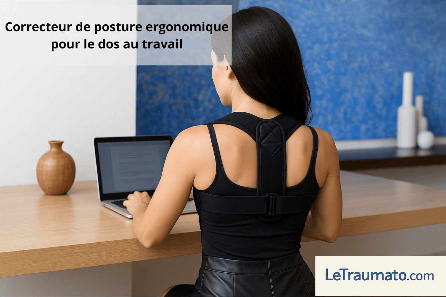 Femme assise de dos à un bureau moderne, travaillant sur un ordinateur portable tout en portant un correcteur de posture noir. L’appareil maintient les épaules droites et soutient la colonne vertébrale, illustrant une posture ergonomique et préventive contre les douleurs dorsales.