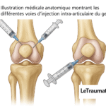 Illustration anatomique médicale représentant les différentes voies d’injection intra-articulaire du genou. À gauche, deux aiguilles pénètrent l’articulation fémoro-patellaire par les approches parapatellaires médiale et latérale. À droite, une aiguille est insérée par la voie sous-patellaire. Image éducative signée LeTraumato.com, destinée à expliquer les techniques d’injection utilisées en orthopédie et en rhumatologie.
