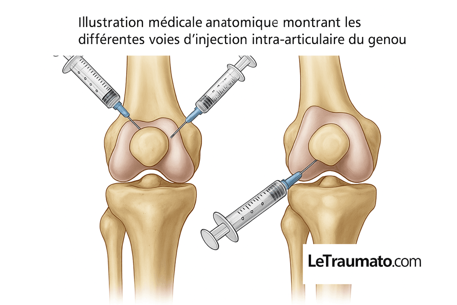 Illustration anatomique médicale représentant les différentes voies d’injection intra-articulaire du genou. À gauche, deux aiguilles pénètrent l’articulation fémoro-patellaire par les approches parapatellaires médiale et latérale. À droite, une aiguille est insérée par la voie sous-patellaire. Image éducative signée LeTraumato.com, destinée à expliquer les techniques d’injection utilisées en orthopédie et en rhumatologie.