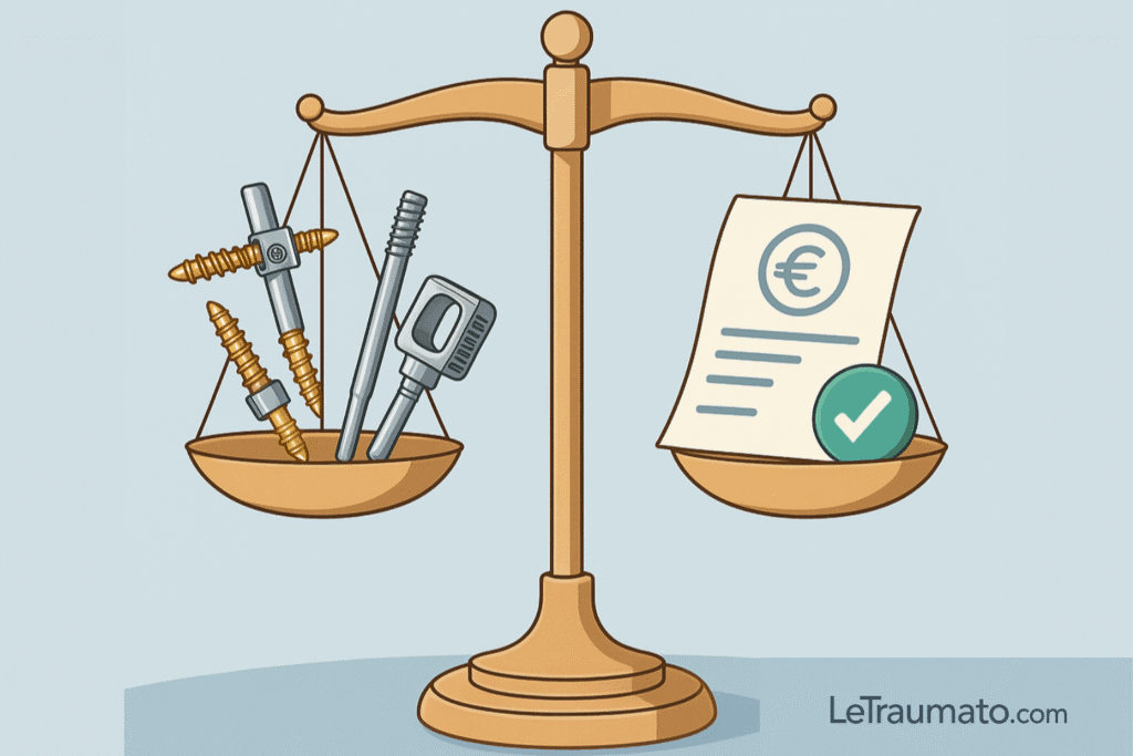 Image informative d’une balance médicale équilibrant le matériel chirurgical d’arthrodèse et une facture symbolique, représentant la transparence sur les coûts réels de la chirurgie du dos. Ce visuel pédagogique aide les patients à comprendre les éléments du devis opératoire, les frais cachés et les options de prise en charge avant une arthrodèse lombaire ou cervicale.