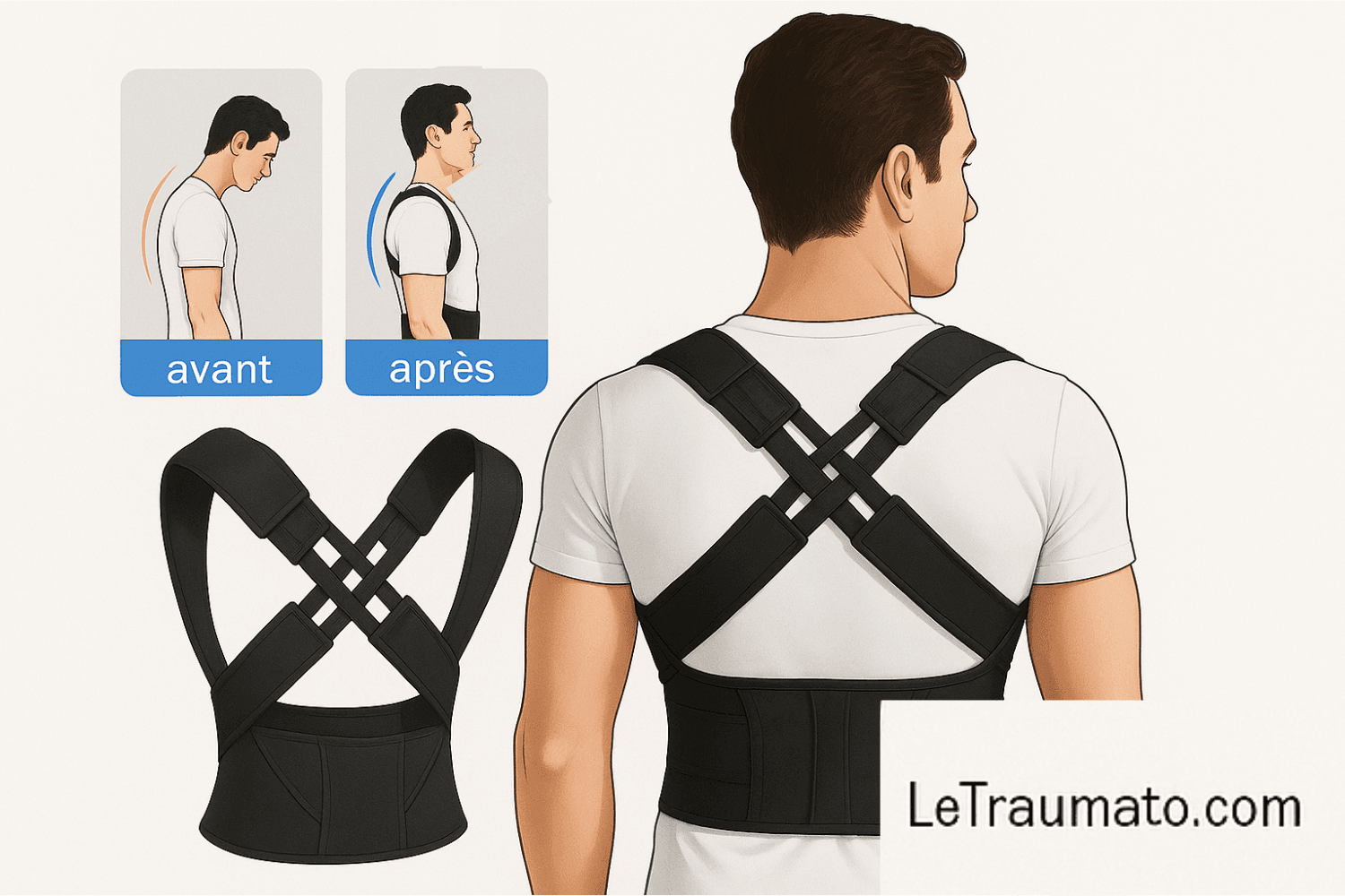 Illustration médicale réaliste d’un homme de dos portant un correcteur de posture noir, conçu pour redresser le dos et prévenir la cyphose. Le dispositif forme un croisement ergonomique en X sur les épaules et le bas du dos. En arrière-plan, une comparaison “avant/après” montre l’amélioration de l’alignement de la colonne vertébrale. Image éducative signée LeTraumato.com.