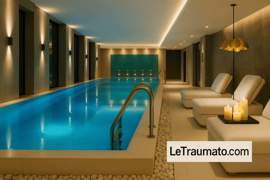 Vue intérieure d’un spa moderne et raffiné avec piscine chauffée rectangulaire à débordement, éclairée par des lumières tamisées. Des transats en tissu blanc, des galets décoratifs et des bougies créent une ambiance zen et apaisante. L’éclairage indirect et le design minimaliste évoquent un espace de bien-être et de relaxation haut de gamme.