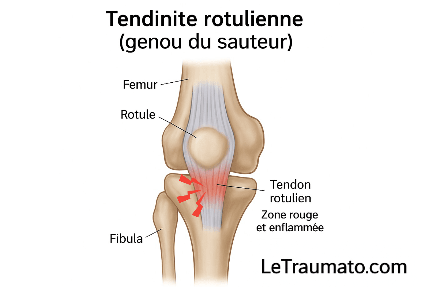 Illustration médicale en français représentant une tendinite rotulienne, aussi appelée genou du sauteur. L’image montre une vue anatomique du genou avec le fémur, la rotule, le tibia et la fibula. Le tendon rotulien est visible avec une zone rouge et enflammée indiquant la tendinite. Infographie claire et éducative signée LeTraumato.com, idéale pour l’éducation des patients et le référencement médical.