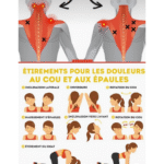 Image explicative en français présentant 7 exercices pour détendre le cou et les épaules : inclinaisons, rotations, envergure, étirement du chat… Chaque mouvement est illustré pour faciliter la réalisation. Ces exercices favorisent la circulation, diminuent les tensions et préviennent les contractures. Outil visuel éducatif signé LeTraumato.com.