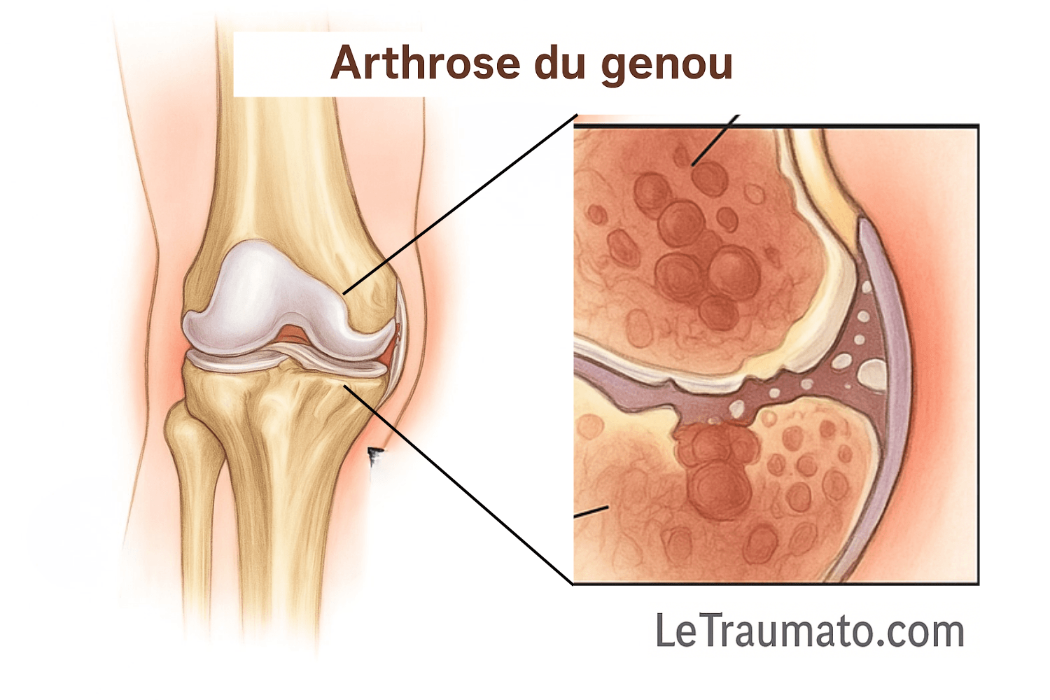 Illustration médicale du genou montrant l’arthrose : usure du cartilage, frottement os contre os, inflammation et déformations articulaires. Les os du fémur, du tibia et de la fibula sont visibles, avec un zoom détaillé sur les lésions arthrosiques. Schéma explicatif destiné aux patients et aux professionnels de santé.