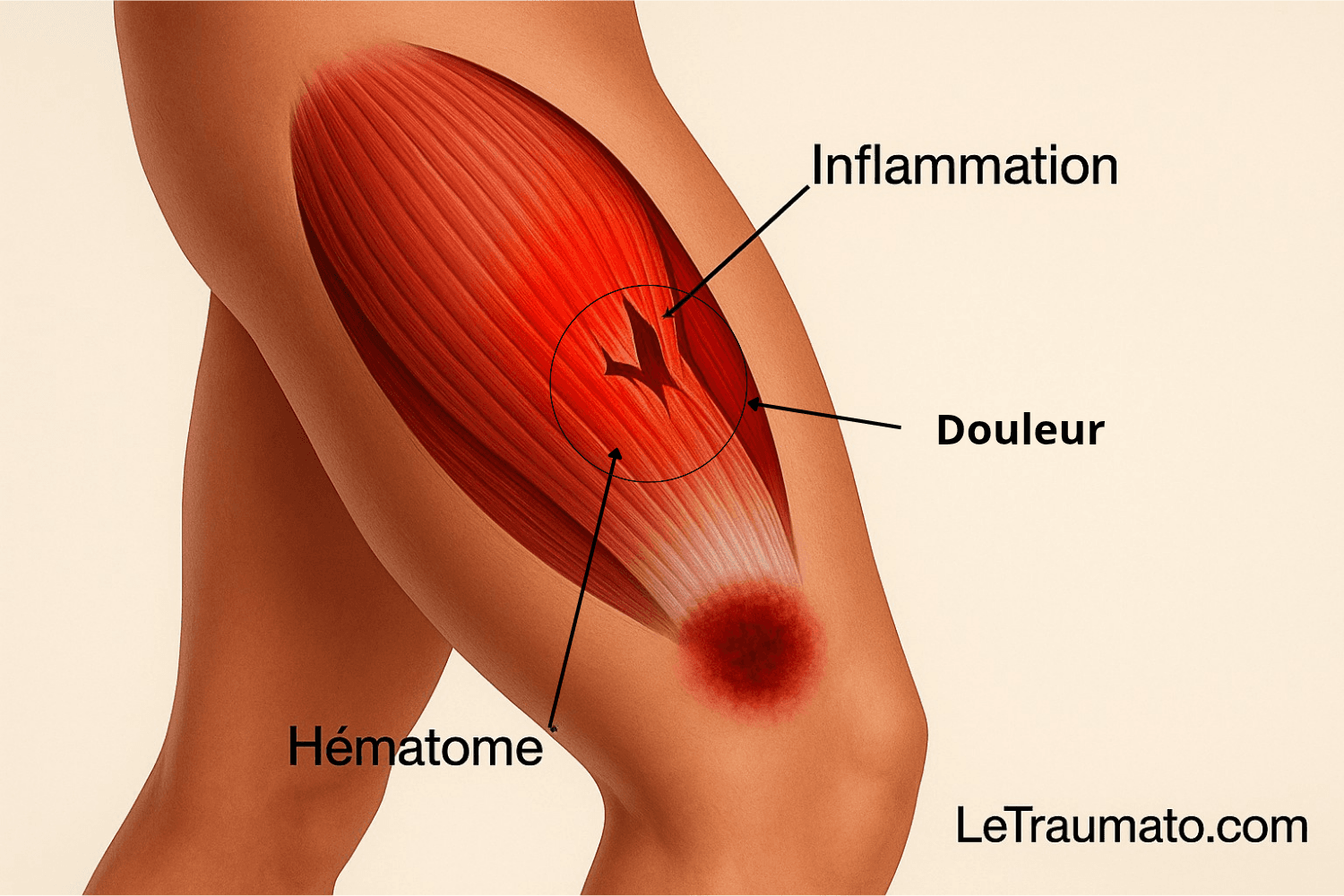 Déchirure musculaire cuisse : illustration médicale avec inflammation et hématome - Traumatologie LeTraumato