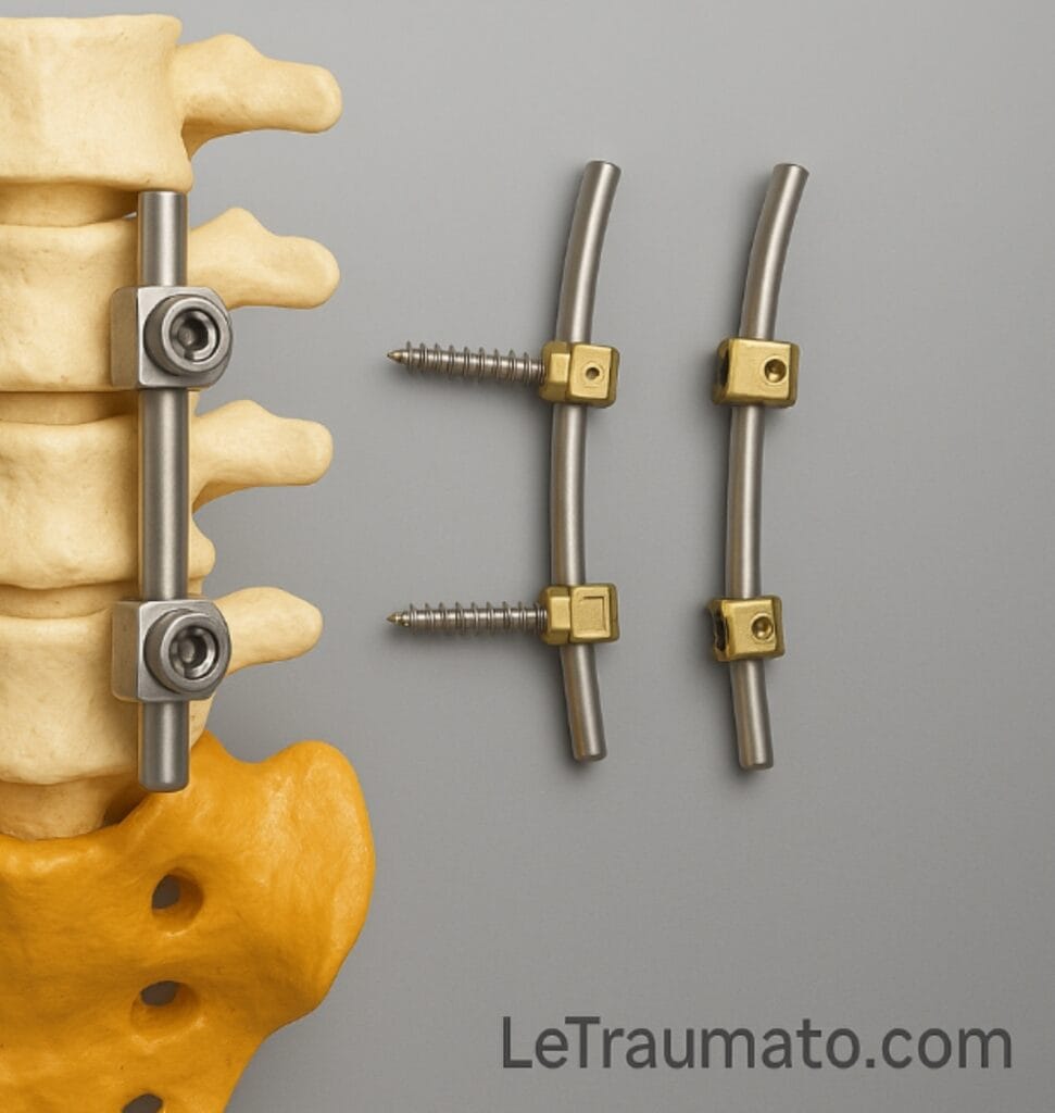 Illustration médicale en 3D représentant une arthrodèse lombaire postérieure. L’image montre la partie inférieure de la colonne lombaire fixée par deux tiges métalliques reliées à des vis pédiculaires, avec des implants supplémentaires disposés à droite. Ce visuel pédagogique de LeTraumato.com illustre la technique chirurgicale utilisée pour stabiliser les vertèbres lombaires après une pathologie dégénérative ou traumatique.