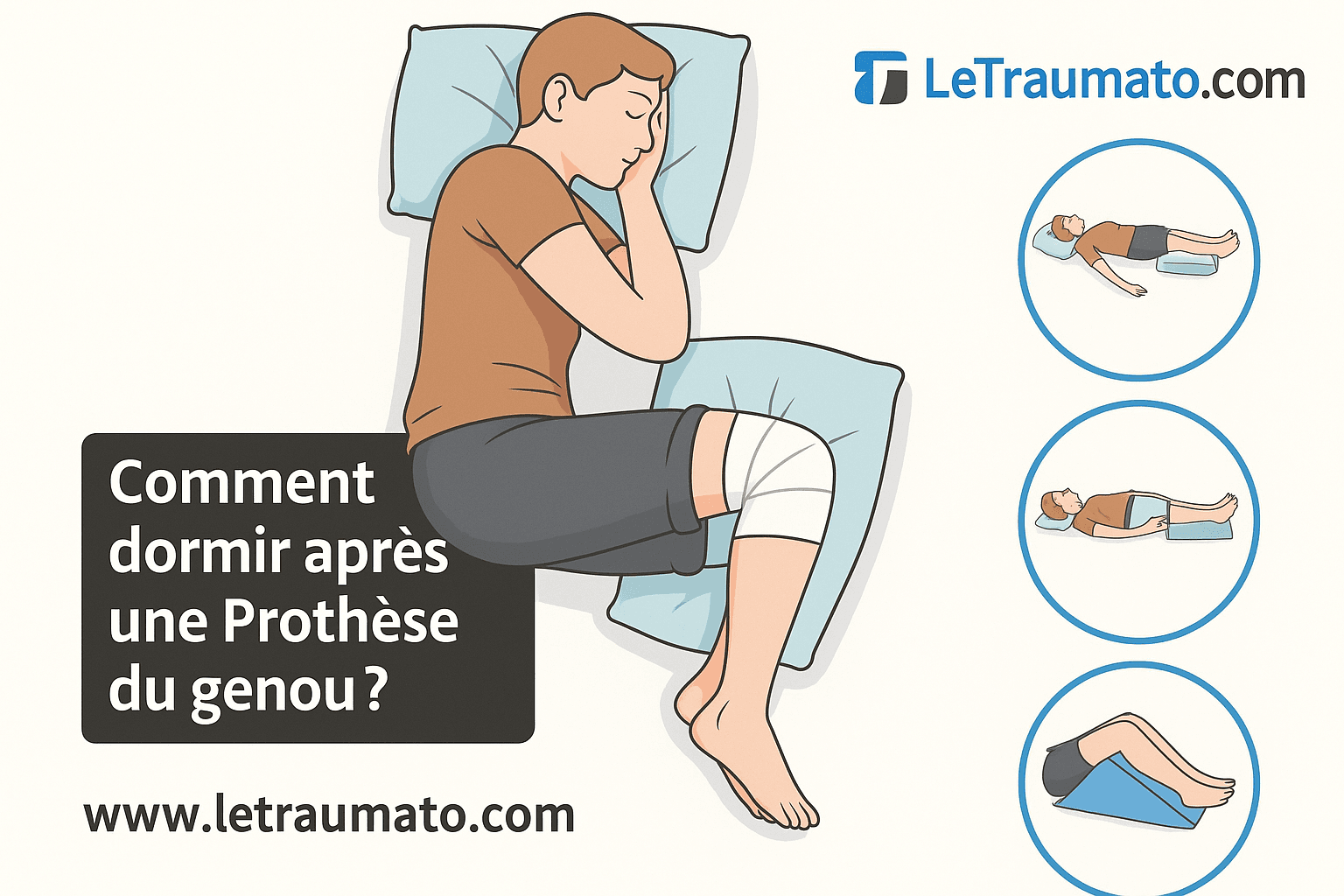 Illustration médicale montrant un patient dormant sur le côté avec un oreiller entre les jambes après une prothèse du genou, accompagnée de schémas des positions recommandées pour dormir sur le dos et surélever le genou, avec le logo LeTraumato.com.