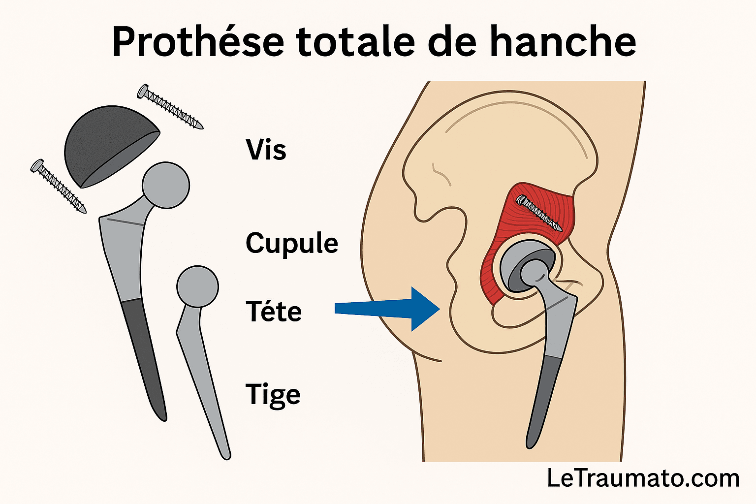 Schéma médical clair et éducatif montrant la prothèse totale de hanche. L’image illustre les principaux composants de l’implant : cupule acétabulaire, tête fémorale, tige et vis de fixation. À gauche, les éléments sont séparés, et à droite, on observe leur position dans l’articulation de la hanche. Infographie en français signée LeTraumato.com, destinée à la compréhension des patients et à la formation médicale.