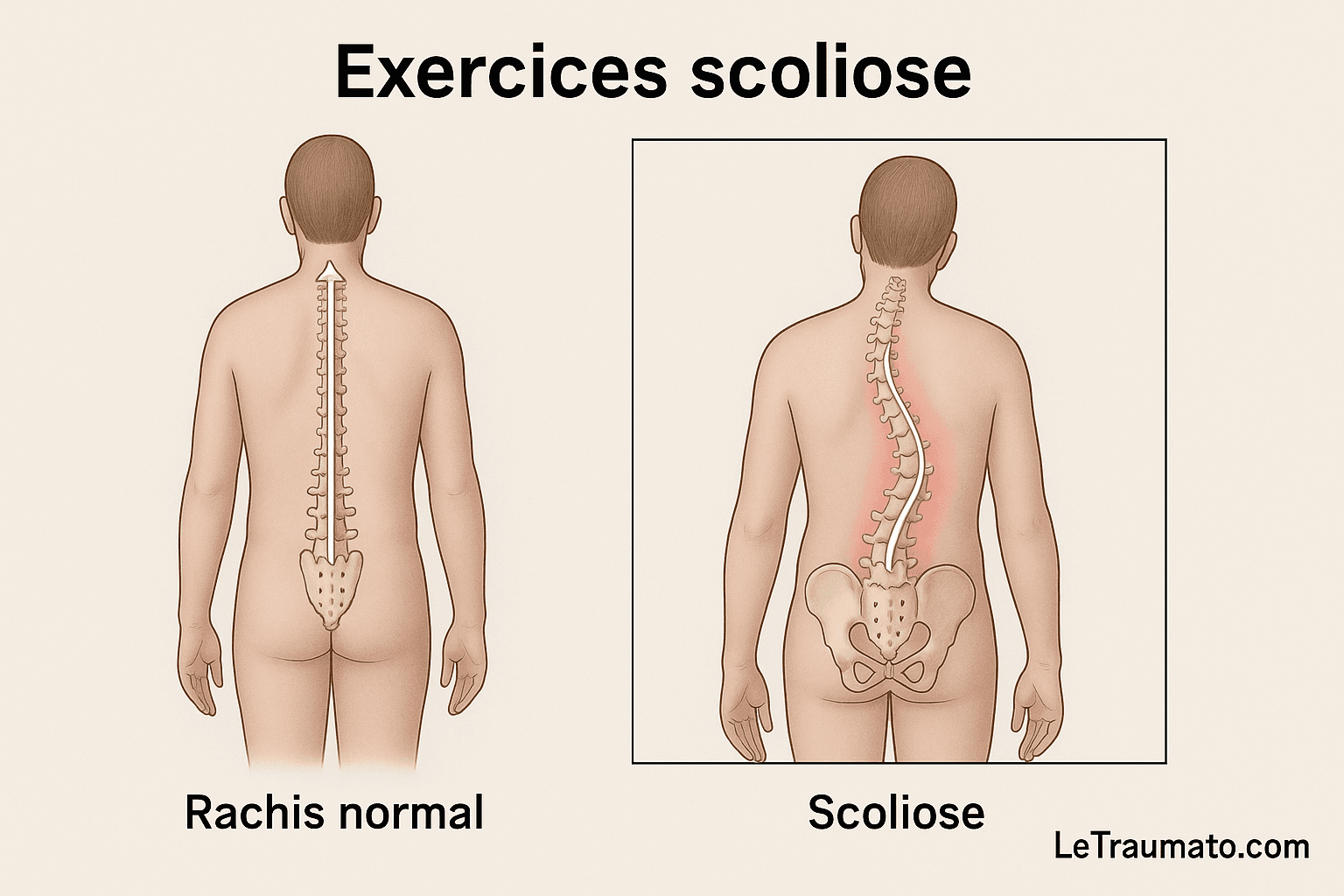 Exercices scoliose : illustration médicale de la colonne vertébrale avec scoliose – LeTraumato orthopédiste