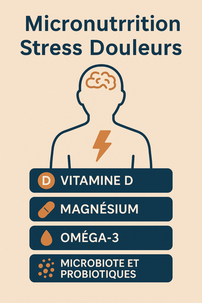 Infographie en français sur la micronutrition pour réduire le stress et les douleurs, présentant les nutriments clés comme la vitamine D, le magnésium, les oméga-3 et les probiotiques pour soutenir le système nerveux, diminuer l’inflammation et améliorer le bien-être.