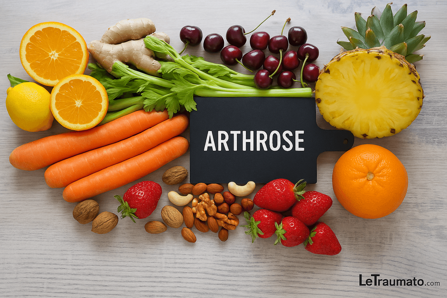 Photo d’une composition colorée d’aliments anti-inflammatoires – carottes, fraises, cerises, oranges, citron, ananas, céleri, gingembre et noix – disposés sur une table en bois claire autour d’une ardoise noire marquée « Arthrose ». Image réaliste et lumineuse, illustrant une alimentation saine pour soulager les douleurs articulaires.
