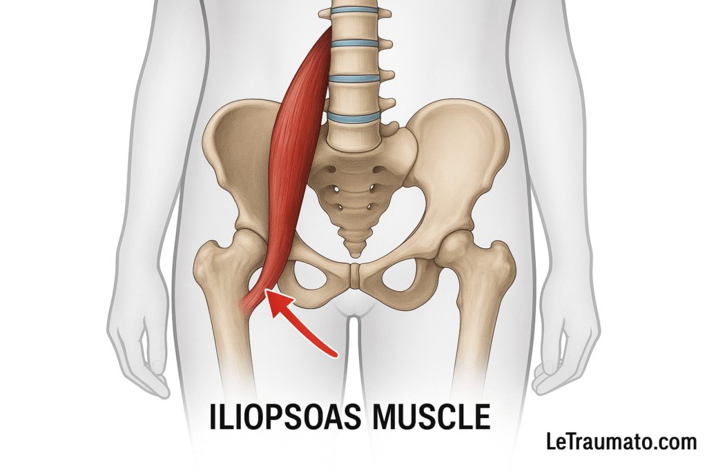 Illustration médicale en vue de face montrant le muscle ilio-psoas en rouge, depuis son origine sur les vertèbres lombaires jusqu’à son insertion sur le petit trochanter du fémur. Une flèche rouge indique la zone d’inflammation typique d’une tendinite du psoas. Schéma anatomique clair, éducatif et signé LeTraumato.com, idéal pour expliquer les douleurs à la hanche.