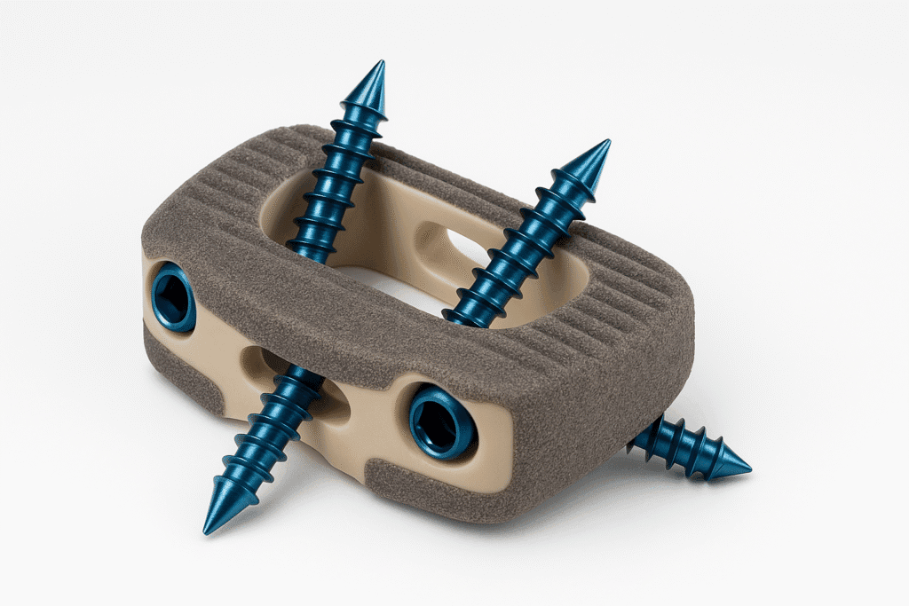 Image d’un implant intersomatique lombaire antérieur utilisé lors d’une arthrodèse lombaire. Il s’agit d’une cage en titane poreux et PEEK comportant quatre vis de fixation bleues orientées de manière divergente, permettant de stabiliser la colonne vertébrale et de favoriser la fusion osseuse après chirurgie rachidienne. Illustration réaliste et nette sur fond blanc pour LeTraumato.com.