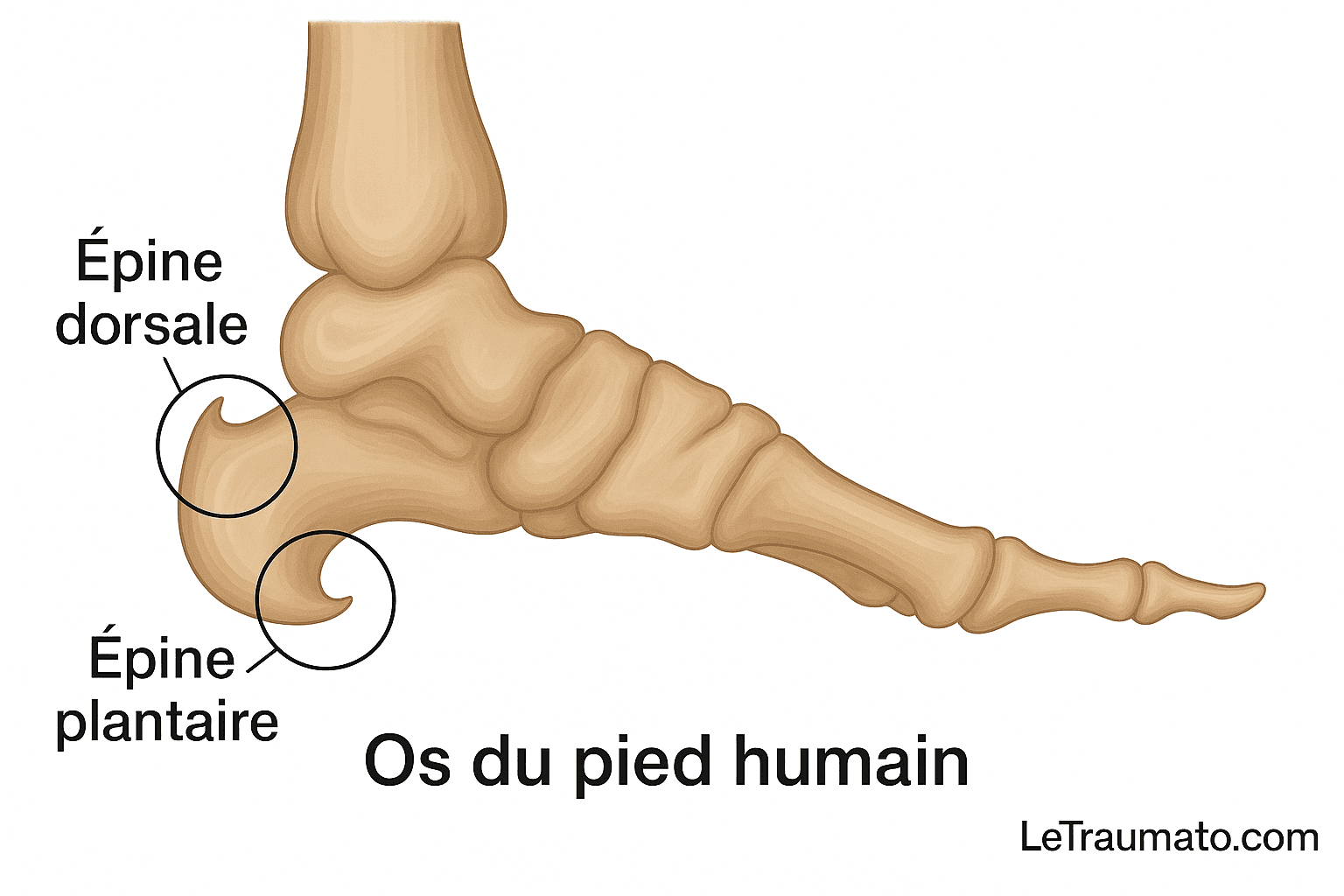 Illustration médicale du pied humain vue de profil, montrant les os et les deux types d’épines calcanéennes : l’épine dorsale et l’épine plantaire. Chaque excroissance osseuse est entourée et étiquetée pour faciliter la compréhension. Image anatomique claire et éducative signée LeTraumato.com, destinée à l’explication des douleurs au talon.