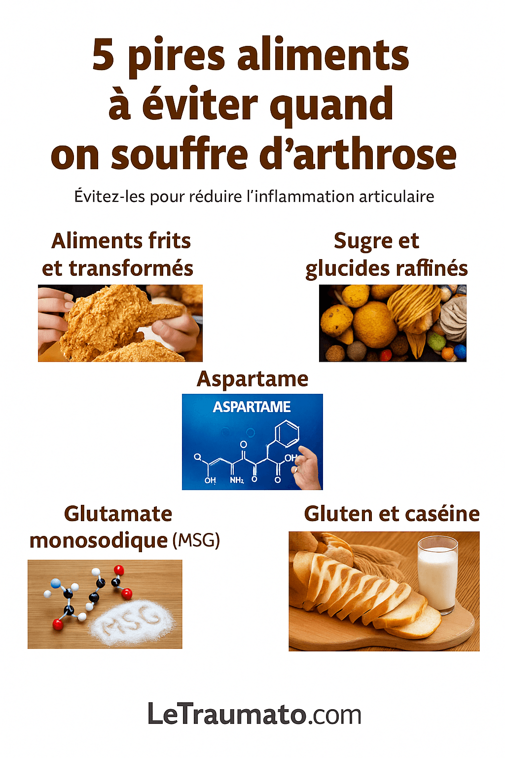 Infographie en français listant cinq aliments à éviter en cas d’arthrose : aliments frits et transformés, sucre et glucides raffinés, aspartame, glutamate monosodique (MSG) et produits contenant du gluten et de la caséine. Image claire et éducative sur fond blanc, signée LeTraumato.com.