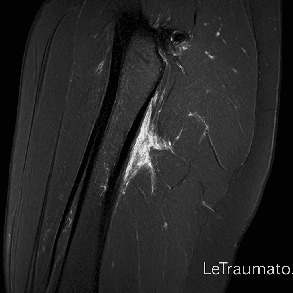 IRM déchirure musculaire cuisse – illustration médicale réaliste par LeTraumato.com orthopédiste traumatologie