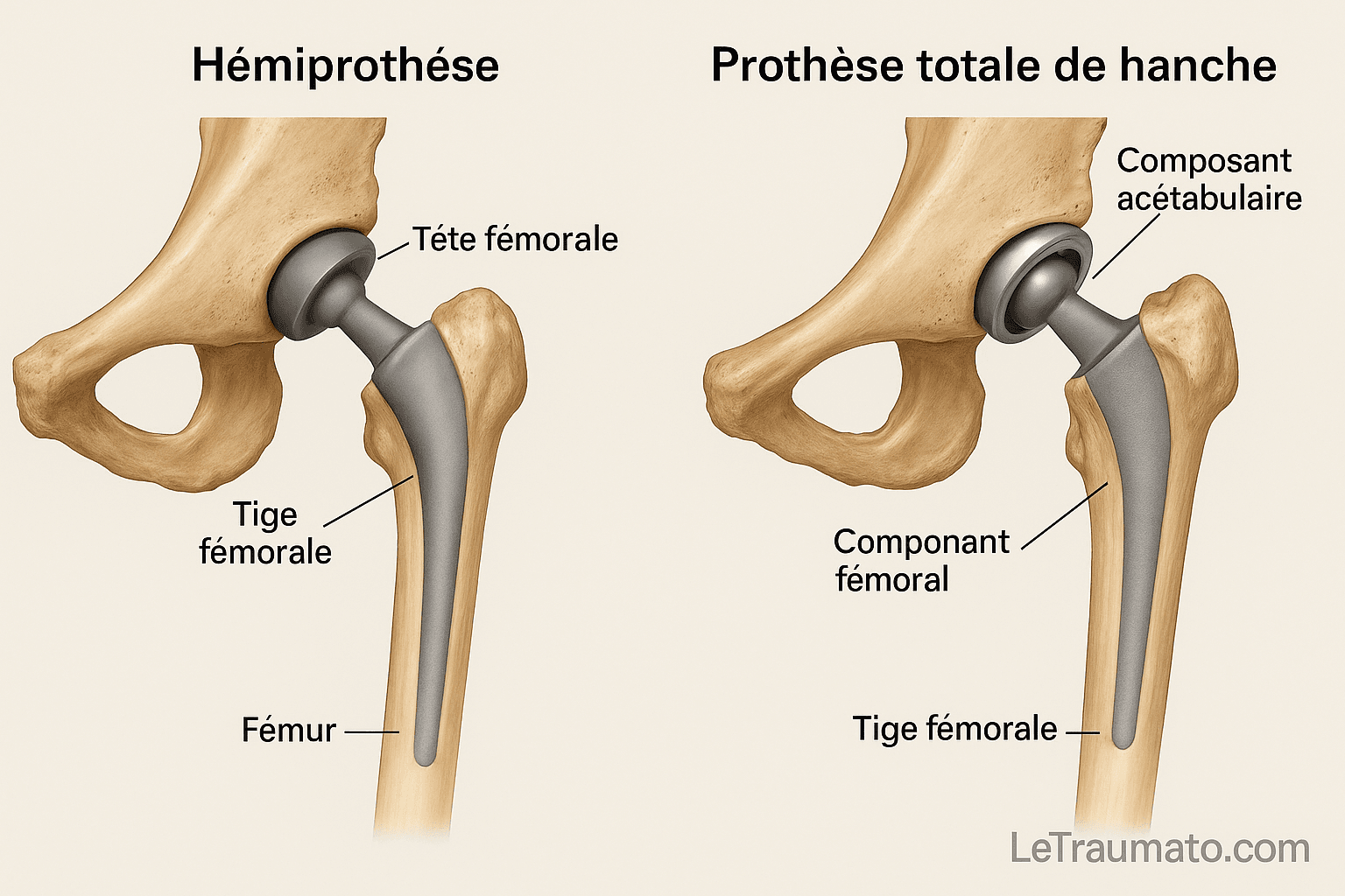 Schéma explicatif en 3D représentant deux types d’arthroplastie de la hanche : à gauche, une hémiarthroplastie avec remplacement de la tête fémorale seulement ; à droite, une prothèse totale de hanche comprenant le composant acétabulaire et la tige fémorale. Illustration anatomique claire et réaliste destinée à l’éducation médicale — LeTraumato.com.
